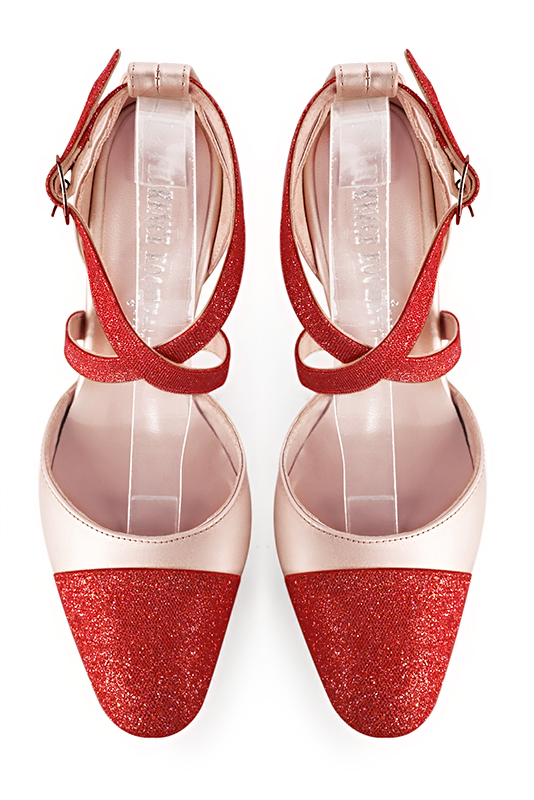 Scarlet red and powder pink women's open side shoes, with crossed straps. Round toe. High slim heel. Top view - Florence KOOIJMAN